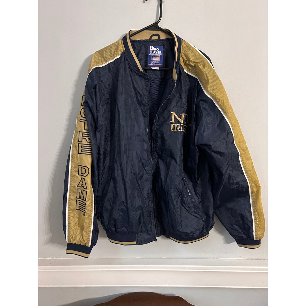 Vintage Pro Player Notre Dame Fighting Irish Windbreaker Jacket Navy Gold Large